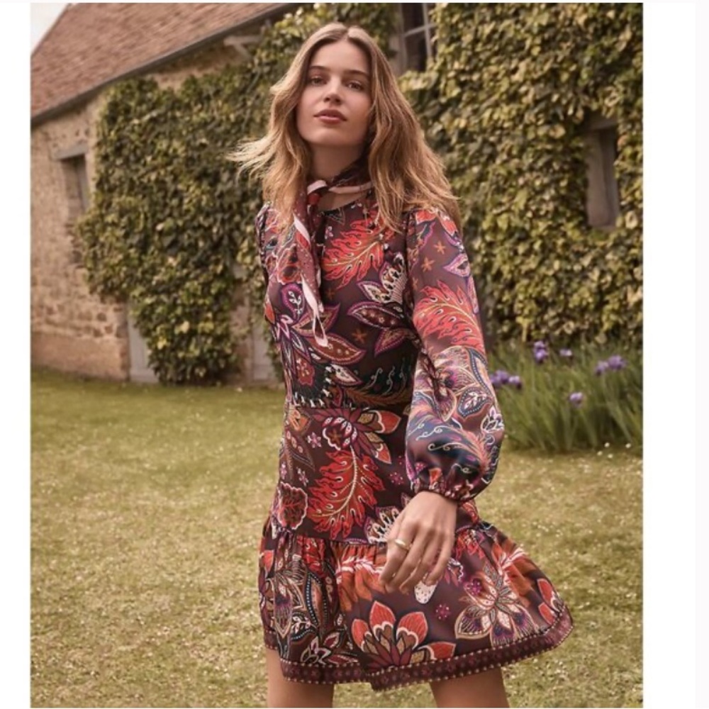 LOFT Petite Floral Paisley Women's Brown Red Orange Floral Satin Mini Dress!